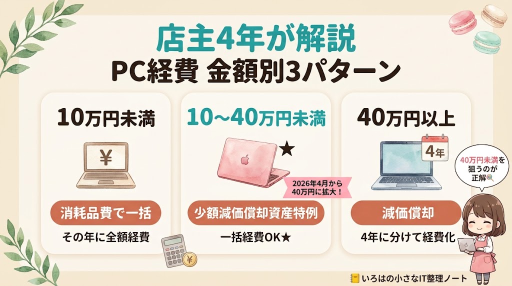 個人事業主のPC経費 金額別3パターン図解：①10万円未満は消耗品費で一括、②10〜40万円未満は少額減価償却資産特例で一括経費OK（2026年4月から40万円に拡大）、③40万円以上は減価償却で4年に分けて経費化。