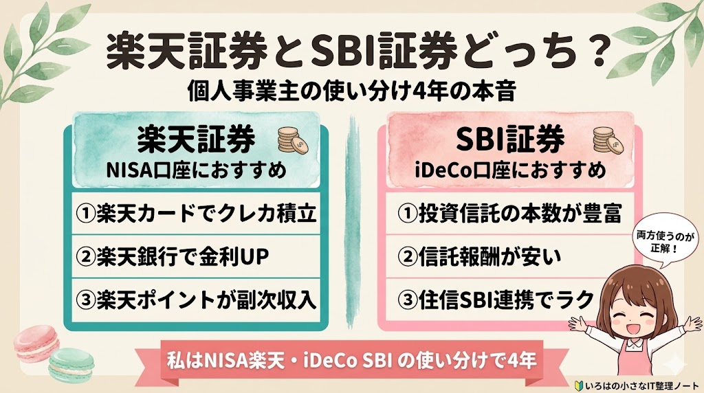 楽天証券とSBI証券の比較 個人事業主の使い分け 楽天証券はNISA SBI証券はiDeCoがおすすめ