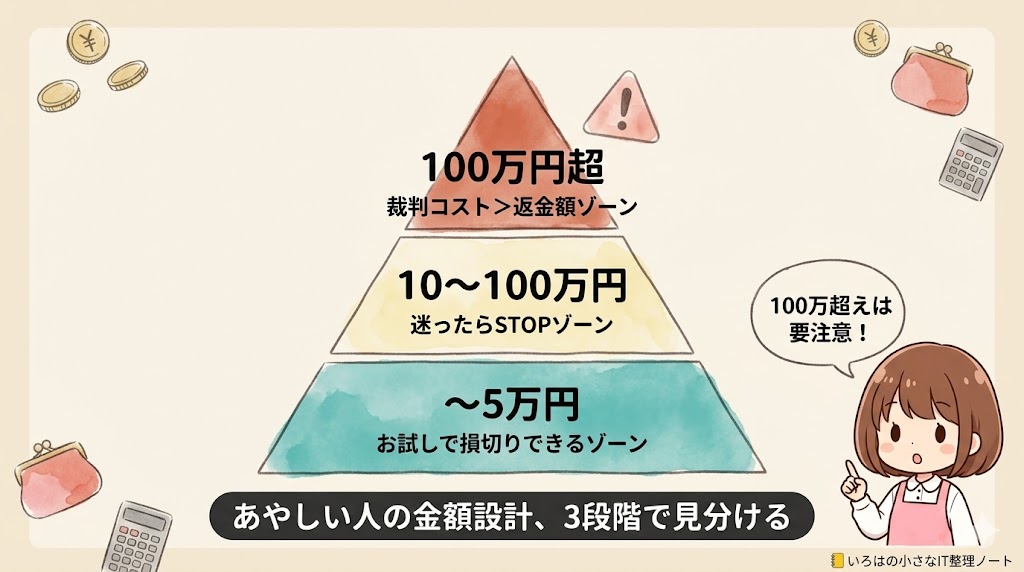 怪しい教材の金額ピラミッド 5万円ゾーン 10〜100万円ゾーン 100万円超ゾーンの3段階