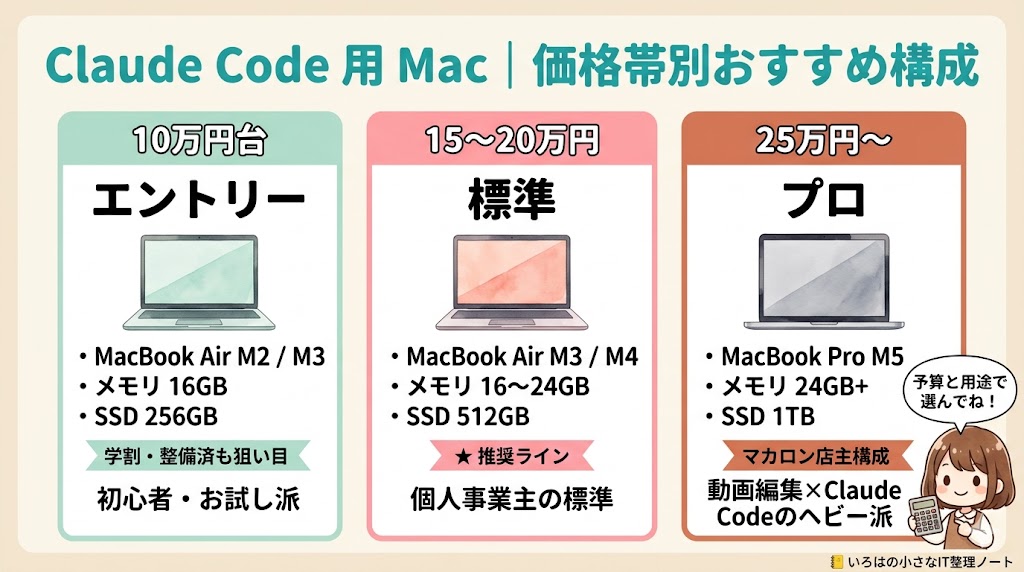 Claude Code 用 Mac 価格別おすすめ構成｜10万円台 15〜20万円 25万円以上の3パターン早見表