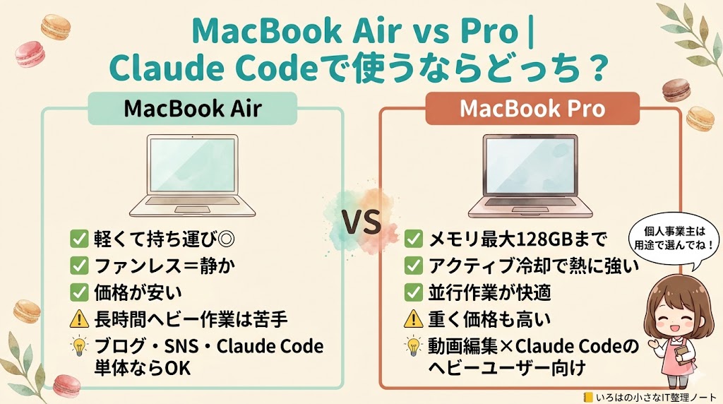 MacBook Air と MacBook Pro の Claude Code 用途別比較表｜個人事業主の使い分け早見表