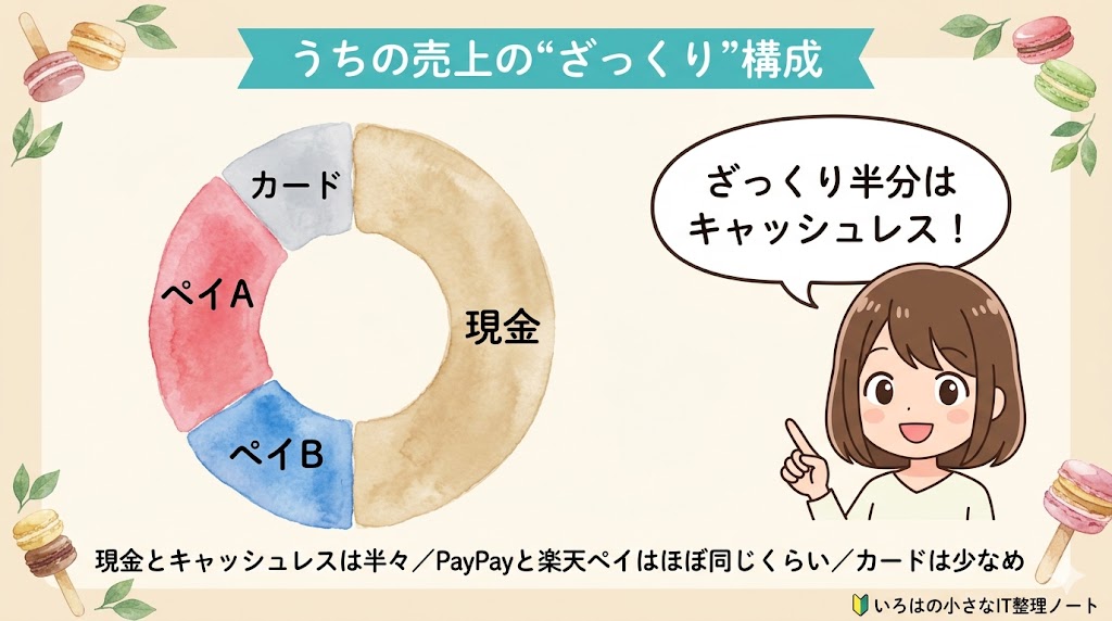 いろはのおとの売上構成(現金約半分・PayPayと楽天ペイがほぼ同じ・カードは少なめ)のざっくりイメージ