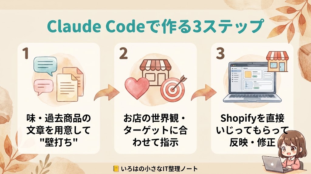 Claude CodeでShopify商品ページを作る3ステップの図解。味・過去商品文で壁打ち、世界観とターゲットに合わせ指示、Shopifyを直接いじって反映・修正