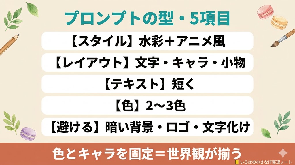 プロンプトの型5項目(スタイル・レイアウト・テキスト・色・避けること)を整理した図解