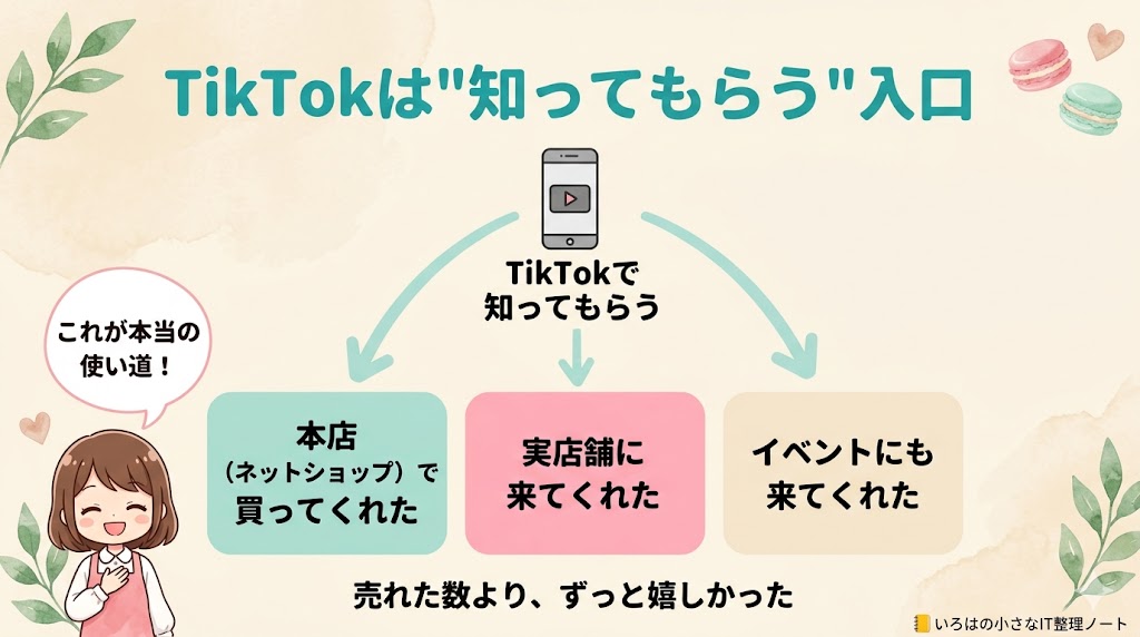TikTokで知ってもらった人が本店購入・実店舗来店・イベント来場につながる動線図