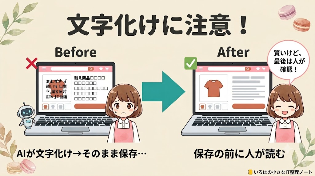 AIが商品説明を文字化けさせたまま保存してしまう注意の図解。左の文字化け→そのまま保存から、右のクリーンな文字・保存の前に人が読むへ、流れをマカロン店主のマスコットが示している。