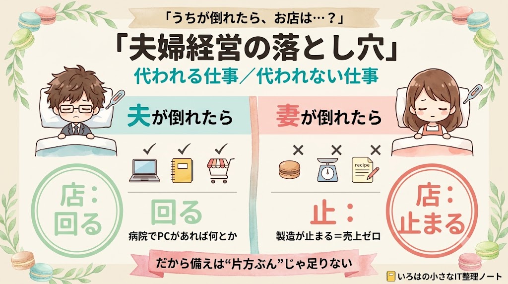 夫婦経営の落とし穴:夫が倒れたら店は回る/妻が倒れたら売上ゼロ、代われない仕事を可視化した対比図。マカロン店主4年のいろはノート。