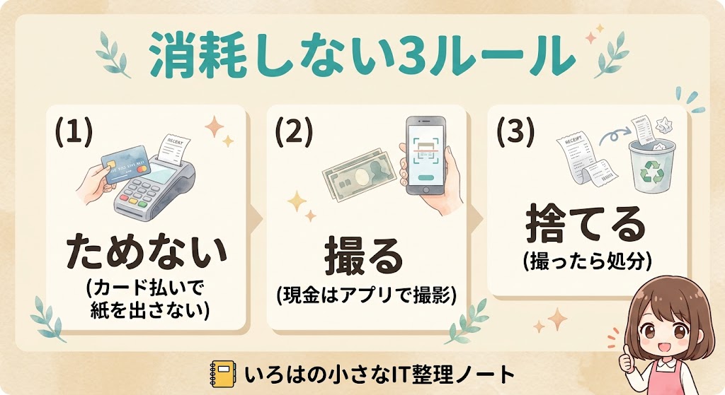 消耗しない3ルール(ためない・撮る・捨てる)の図解