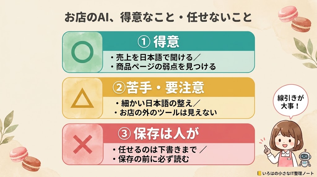 お店のAIアシスタントが「得意なこと・苦手なこと・保存は人が」を3段で示した図解。①得意（売上を日本語で聞ける・弱点発見）②苦手（細かい整え・外部ツールは見えない）③保存は人が（任せるのは下書きまで・保存前に読む）。