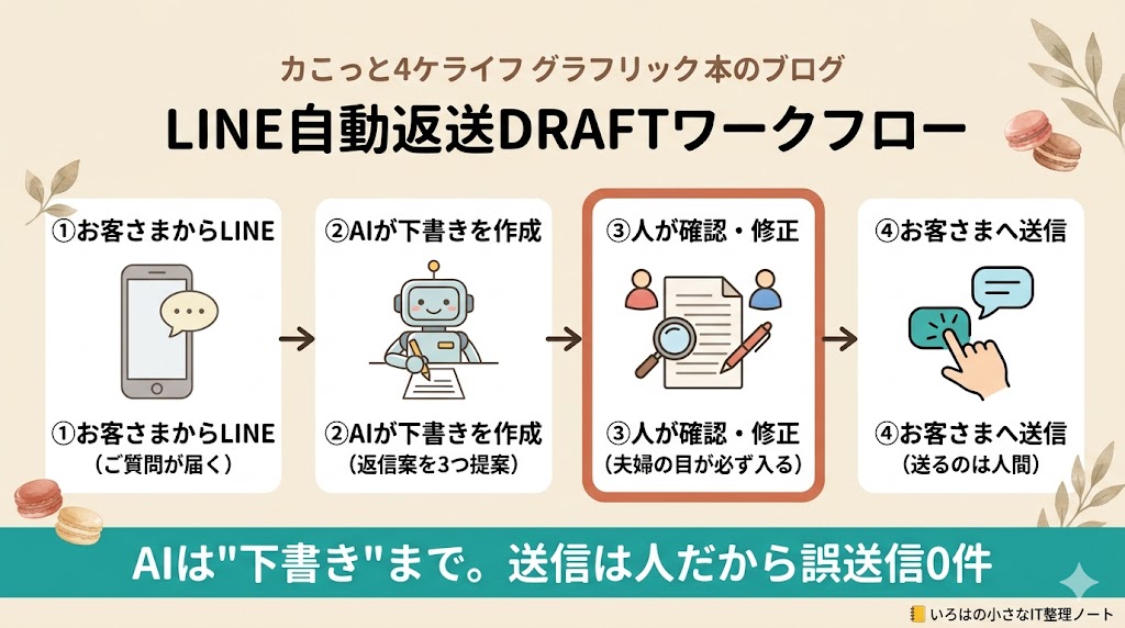 仕組み図:お客さまのLINE→AIが返信の下書きを作成→人(夫婦)が確認・修正→送信。送るのは人だから誤送信0件