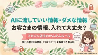 AIに渡していい情報・ダメな情報の線引きを解説する記事のアイキャッチ。マカロン店主の女の子マスコットが「線引きは2つだけ」と案内している