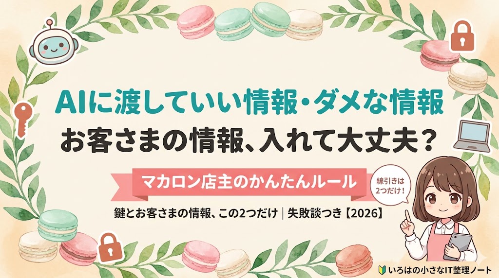AIに渡していい情報・ダメな情報の線引きを解説する記事のアイキャッチ。マカロン店主の女の子マスコットが「線引きは2つだけ」と案内している