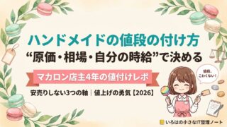ハンドメイドの値段の付け方｜原価・相場・自分の時給の3つの軸を表すいろはノートのアイキャッチ