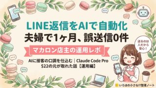 LINE返信をAIで自動化して夫婦で1ヶ月運用し誤送信0件を達成した運用編のアイキャッチ。マカロン店主が解説