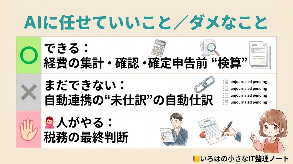 AIに任せていいこと(集計・確認・検算)と、ダメなこと(自動仕訳)と、人がやること(税務の最終判断)の早見表の図解