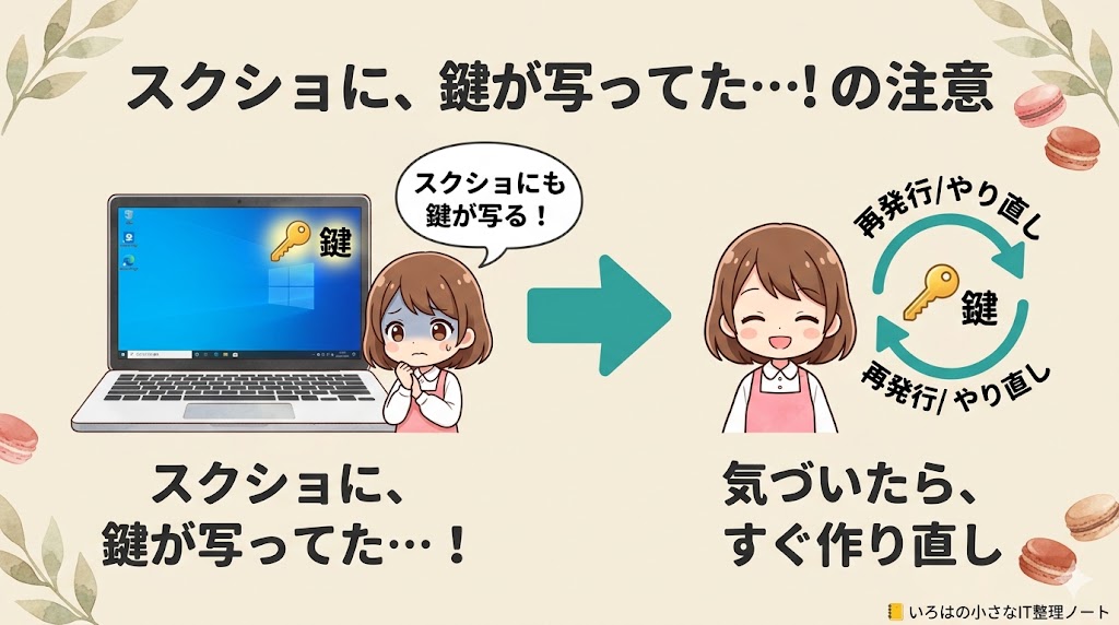 スクリーンショットに鍵（トークン）がうっかり写り込む注意の図解。気づいたらすぐ鍵を作り直す流れを、マカロン店主のマスコットが示している