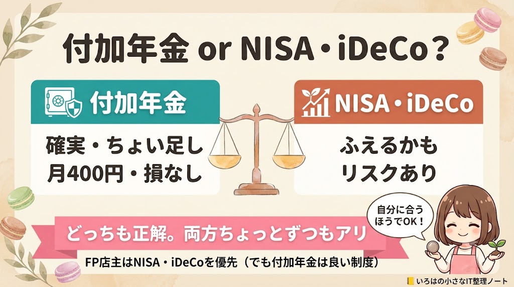 付加年金とNISA・iDeCoのまとめ図。付加年金は確実・月400円・損なし、NISAやiDeCoは増えるかもだがリスクあり。どちらも正解で両方少しずつもアリ。