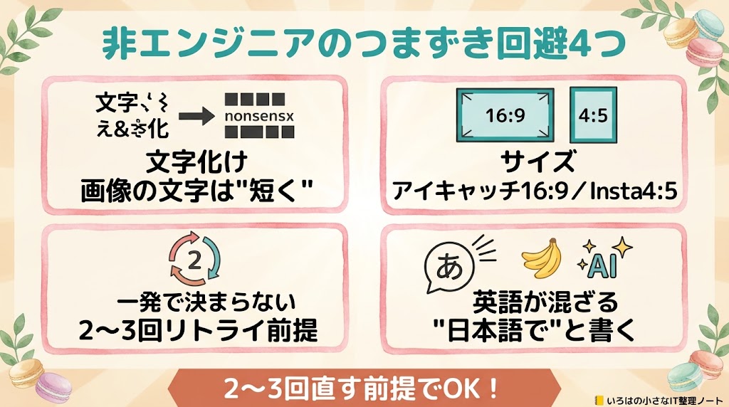 非エンジニアのつまずき回避4つ。文字化け対策・サイズ・リトライ・日本語指定