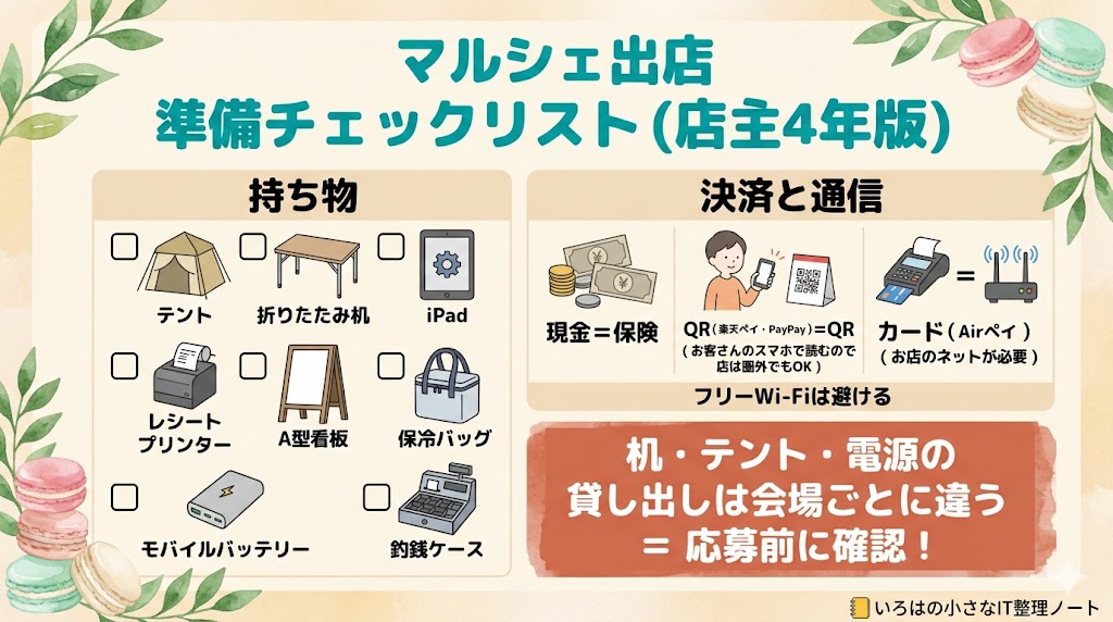 マルシェ出店 準備チェックリスト図解｜持ち物（テント・折りたたみ机・iPad・レシートプリンター・A型看板・保冷バッグ・モバイルバッテリー・釣銭ケース）と、決済は現金が保険・QR（楽天ペイ/PayPay）は客のスマホで読むので店は圏外でもOK・カード（Airペイ）は店のネットが必要、机テント電源の貸出は会場ごとに違うので応募前に確認