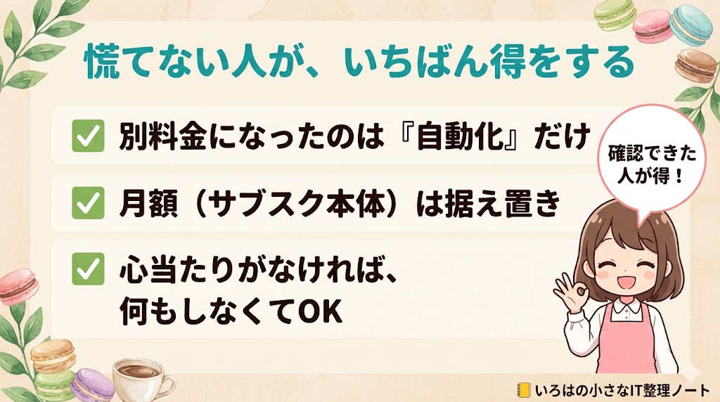 Claude料金改定6月15日のまとめ図解｜別料金は自動化だけ・月額は据え置き・心当たりがなければ何もしなくてOK