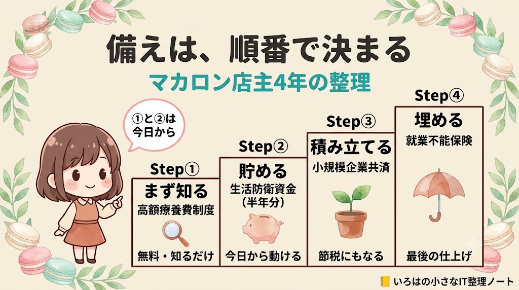 備えの優先順位図解:①高額療養費制度②生活防衛資金③小規模企業共済④就業不能保険、4ステップで順番に備える。マカロン店主4年のいろはノート。