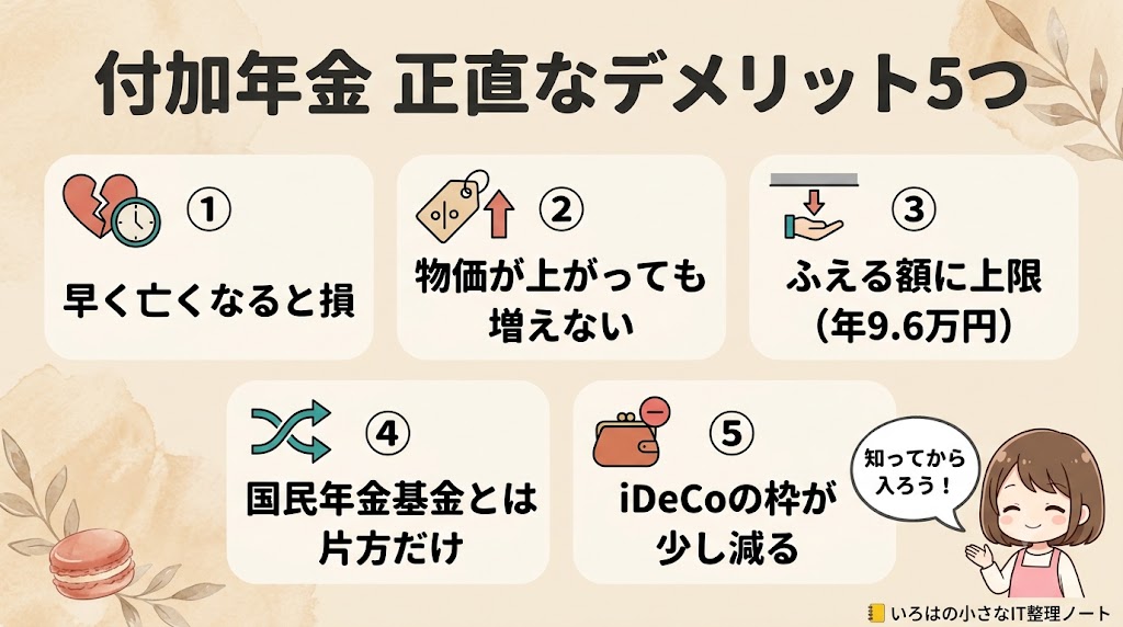 付加年金の正直なデメリット5つ。早く亡くなると損・物価が上がっても増えない・上限は年9.6万円・国民年金基金とは片方だけ・iDeCoの枠が少し減る。