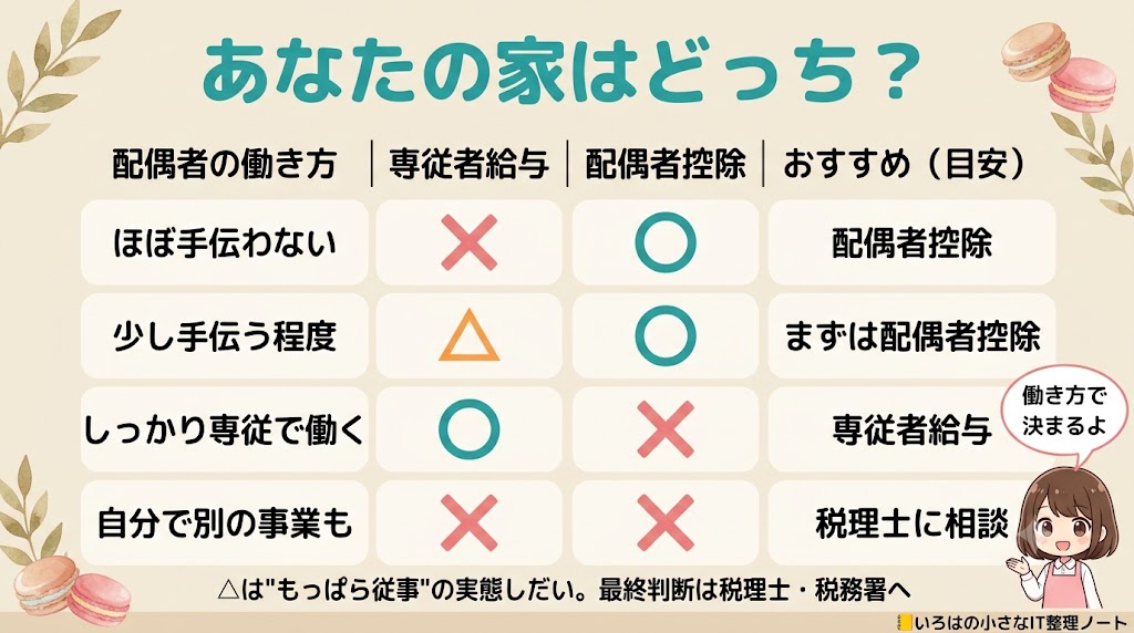 配偶者の働き方別に専従者給与と配偶者控除のどちらが向くかを示した分岐表