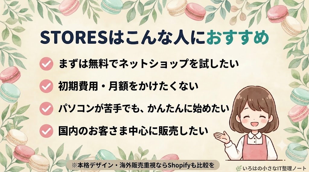 STORESはこんな人におすすめかを、4つのチェックリストで示したまとめ図解
