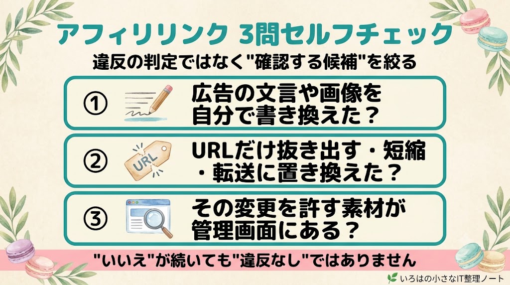 アフィリエイトリンクの3問セルフチェックの図解。①広告の文言や画像を自分で書き換えたか②URLだけ抜き出す・短縮・転送に置き換えたか③その変更を許す素材が管理画面にあるか。3つともいいえでも違反なしという意味ではない