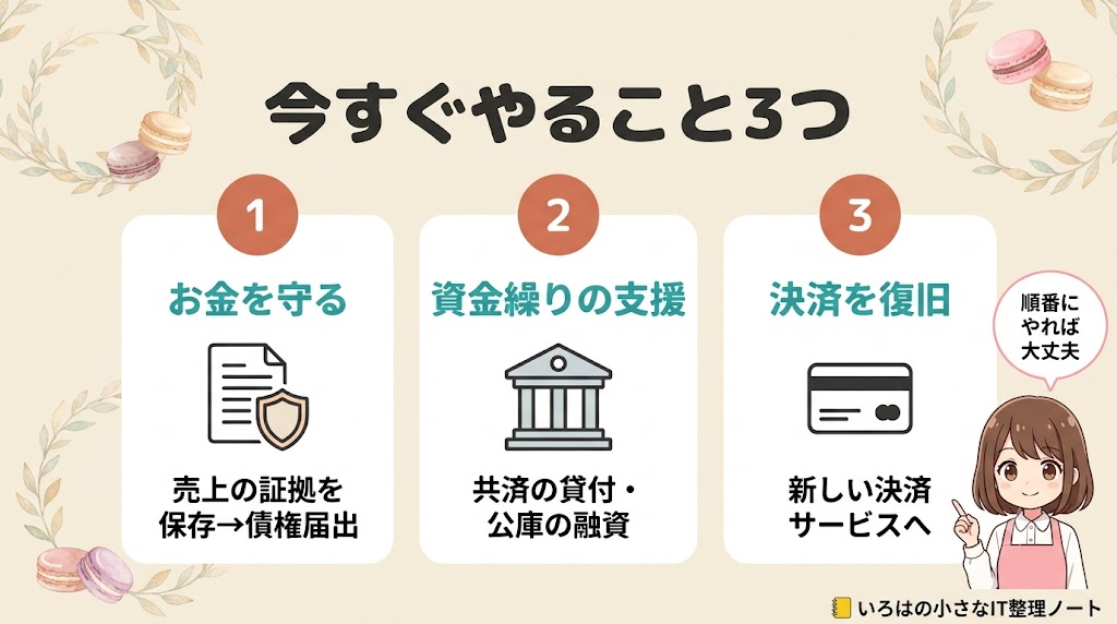 全東信の破産で今すぐやること3つ：お金を守る・資金繰りの支援・決済を復旧の図解
