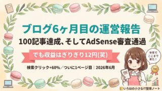 ブログ6ヶ月目の運営報告のアイキャッチ。100記事達成とAdSense審査通過、検索クリック+60%・1ページ目到達、一方で収益はぎりぎり12円だったことを伝える。