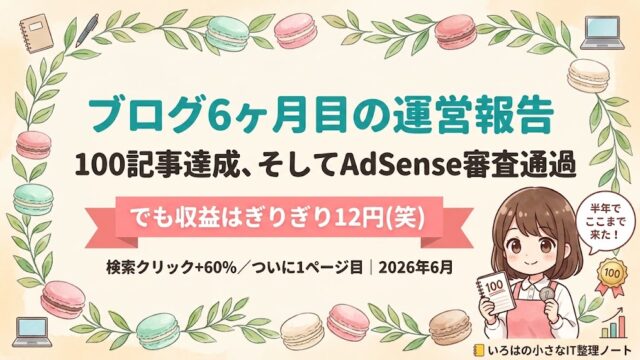 ブログ6ヶ月目の運営報告のアイキャッチ。100記事達成とAdSense審査通過、検索クリック+60%・1ページ目到達、一方で収益はぎりぎり12円だったことを伝える。