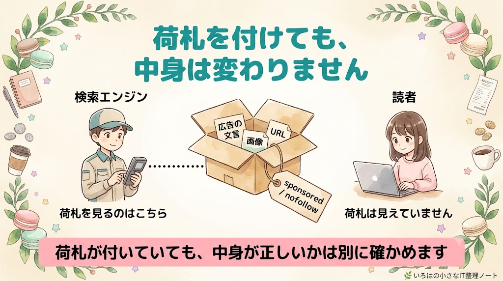 nofollowとsponsoredを荷札にたとえた図解。荷札を見るのは検索エンジンだけで、読者には見えていない。荷札を付けても中身である広告の文言・画像・URLは変わらないので、中身が正しいかは別に確かめる必要がある