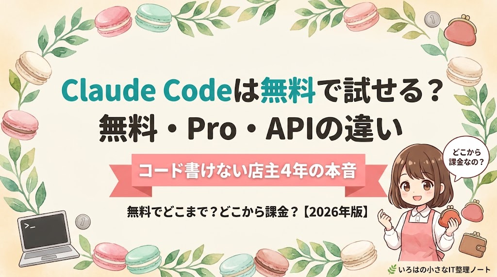 Claude Codeは無料で試せる？無料・Pro・API料金の違いを店主が解説する記事のアイキャッチ。マスコットの店主が財布を手に「どこから課金？」と考えているイラスト。