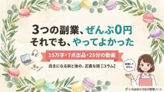 3つの副業に失敗した話のアイキャッチ。15万字・7点出品・25分の動画を作って受け取った金額は0円、それでもやってよかったと伝える表紙イラスト