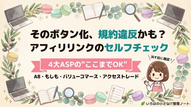 アフィリエイトリンクのボタン化が規約違反にあたるかを、A8・もしも・バリューコマース・アクセストレードの4大ASPで確認する記事のアイキャッチ