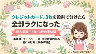 個人事業主のクレジットカードを3枚の役割で分ける方法を解説する記事のアイキャッチ。事業用・プライベート用・固定費集約用に4年間使い分けてきた実体験を紹介する表紙イラスト。