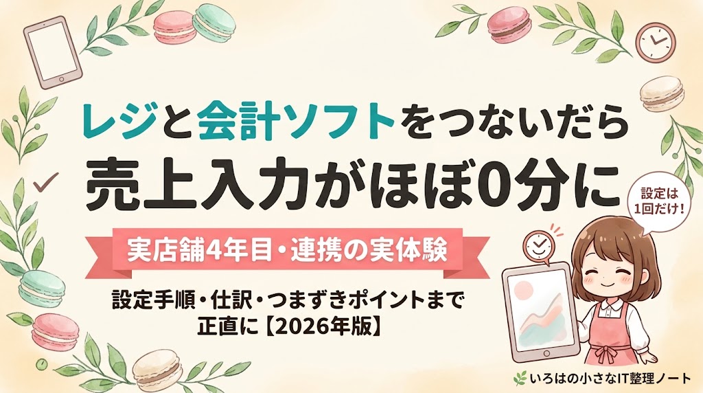 Airレジとマネーフォワードクラウド会計を連携すると売上入力がほぼ0分になることを表現した記事のアイキャッチ。実店舗4年目の店主が連携の実体験を紹介する表紙イラスト。