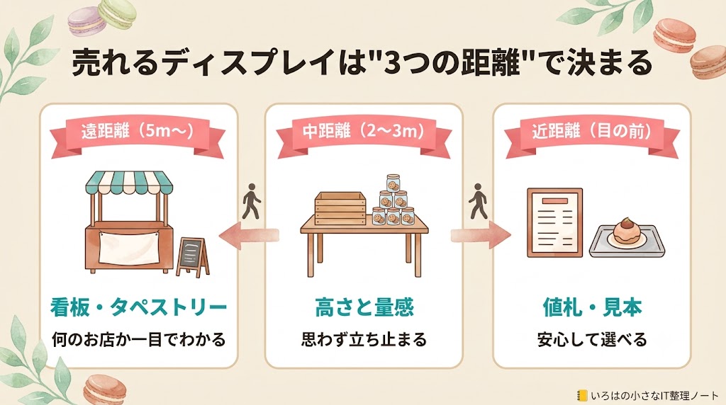 マルシェディスプレイの3つの距離の図解。遠距離は看板・タペストリーで何の店か伝え、中距離は高さと量感で立ち止まらせ、近距離は値札・見本で選ばせることを示す。