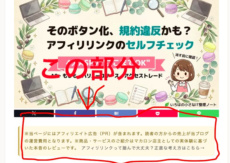 いろはノートの記事上部に表示されているPR表記の例。アフィリエイト広告が含まれること、商品紹介は店主の実体験にもとづくことが書かれている