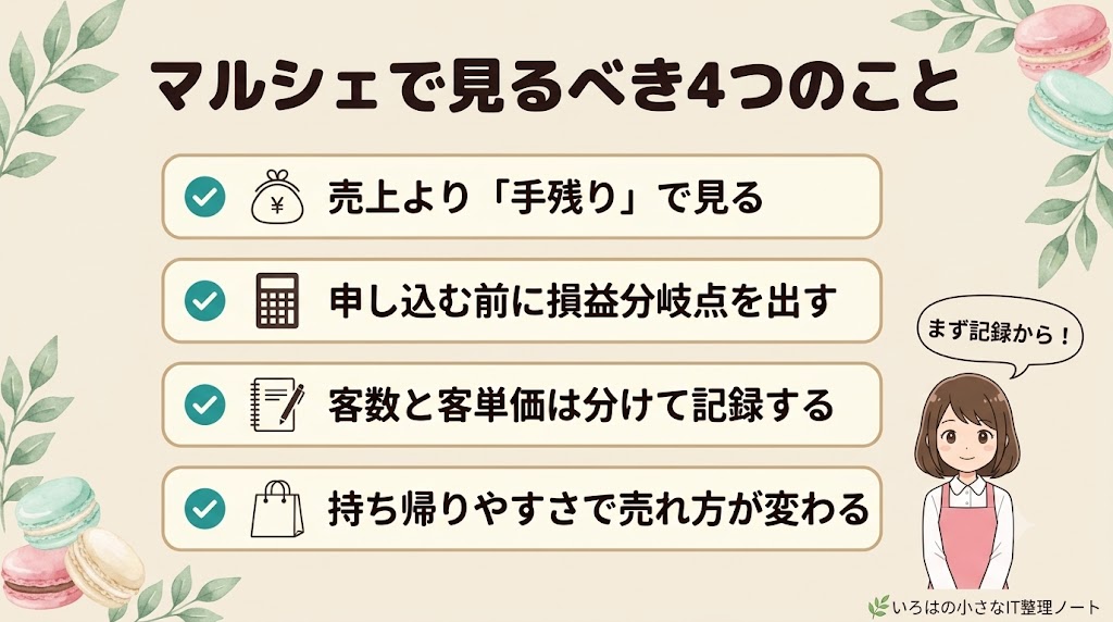 マルシェ出店で見るべき4つのこと。売上より手残りで見る、申し込む前に損益分岐点を出す、客数と客単価を分けて記録する、持ち帰りやすさで売れ方が変わる、をまとめたチェックリスト図解