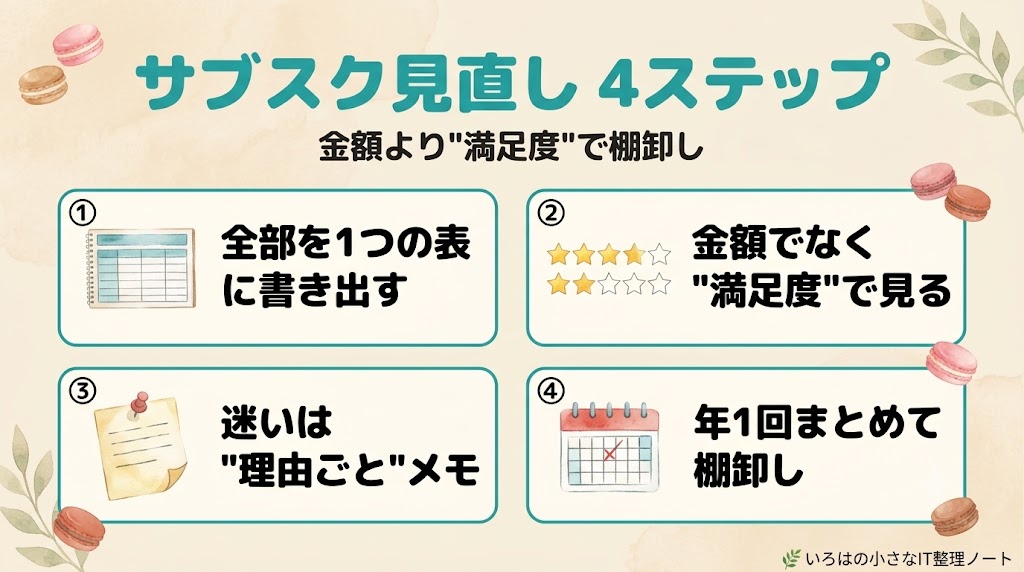 サブスク見直し4ステップの図解｜①全部を1つの表に書き出す②金額でなく満足度で見る③迷いは理由ごとメモ④年1回まとめて棚卸し