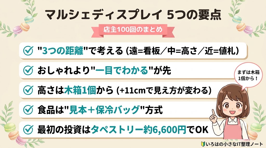 マルシェディスプレイ5つの要点のまとめ図解。3つの距離で考える、おしゃれより一目でわかるが先、高さは木箱1個から、食品は見本と保冷バッグ方式、最初の投資はタペストリー約6600円でOKの5点。