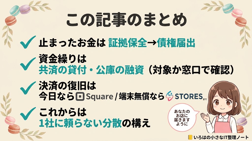 この記事のまとめ：証拠保全→債権届出・共済や公庫の支援・Square/STORESで決済復旧・1社に依存しない構え