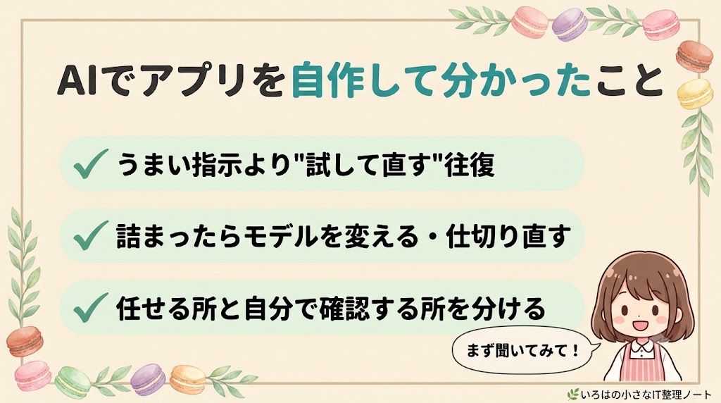 AIでアプリを自作して分かった3つのこと（試して直す往復／詰まったら仕切り直す／任せる所と確認する所を分ける）
