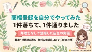 商標登録を自分でやってみた体験談のアイキャッチ。マカロン店主が弁理士に頼まず2件出願し、1件は拒絶され1件が登録できた実話で、かかった費用、拒絶理由通知の中身、無料の相談窓口までを解説する記事の表紙イラスト。