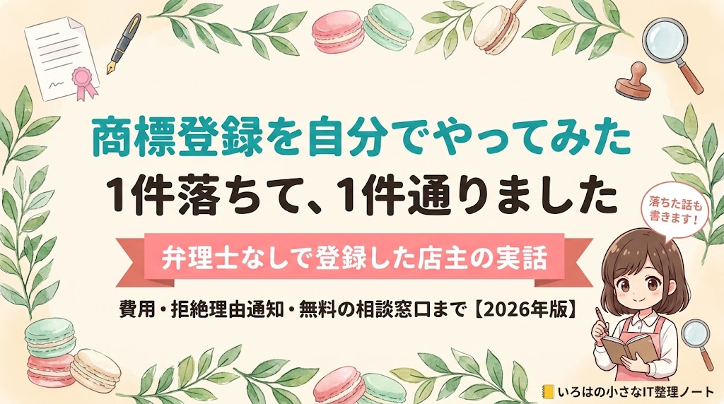 商標登録を自分でやってみた体験談のアイキャッチ。マカロン店主が弁理士に頼まず2件出願し、1件は拒絶され1件が登録できた実話で、かかった費用、拒絶理由通知の中身、無料の相談窓口までを解説する記事の表紙イラスト。