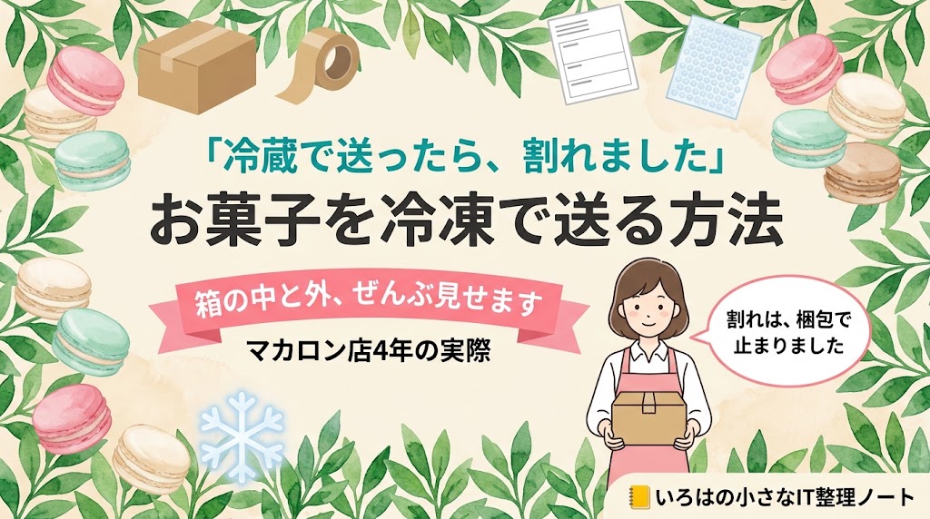 お菓子を冷凍で送る方法を紹介する記事のアイキャッチ画像。「冷蔵で送ったら、割れました」「お菓子を冷凍で送る方法」の見出しと、「箱の中と外、ぜんぶ見せます」の帯。右下にダンボール箱を持ったピンクのエプロン姿の女性が「割れは、梱包で止まりました」と話している。