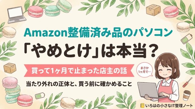 Amazon整備済み品のパソコンは「やめとけ」と言われるが本当かを検証する記事のアイキャッチ。買って1ヶ月で止まった経験のあるマカロン店主が、当たり外れの正体と、買う前に確かめることを解説する記事の表紙イラスト。