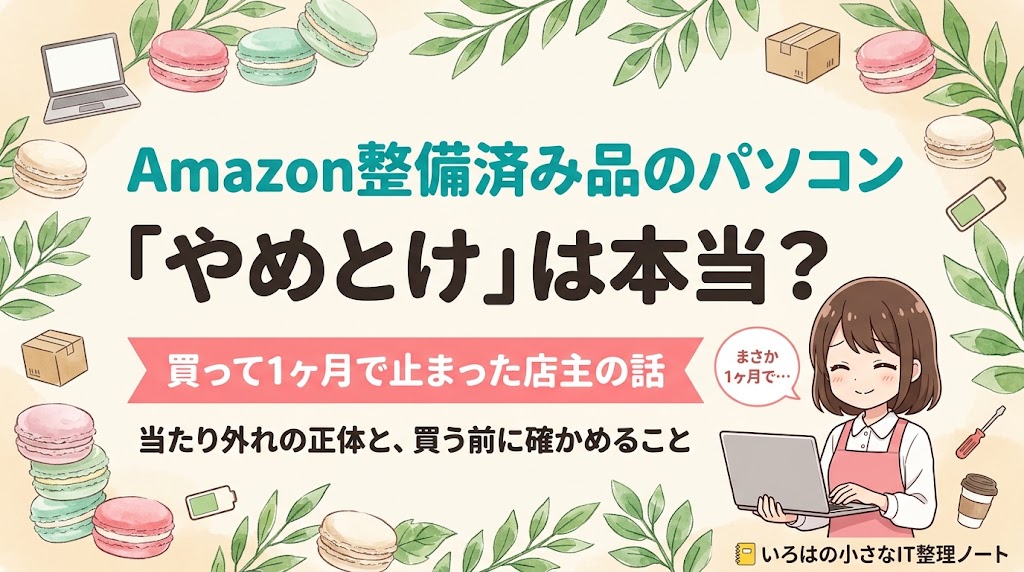 Amazon整備済み品のパソコンは「やめとけ」と言われるが本当かを検証する記事のアイキャッチ。買って1ヶ月で止まった経験のあるマカロン店主が、当たり外れの正体と、買う前に確かめることを解説する記事の表紙イラスト。